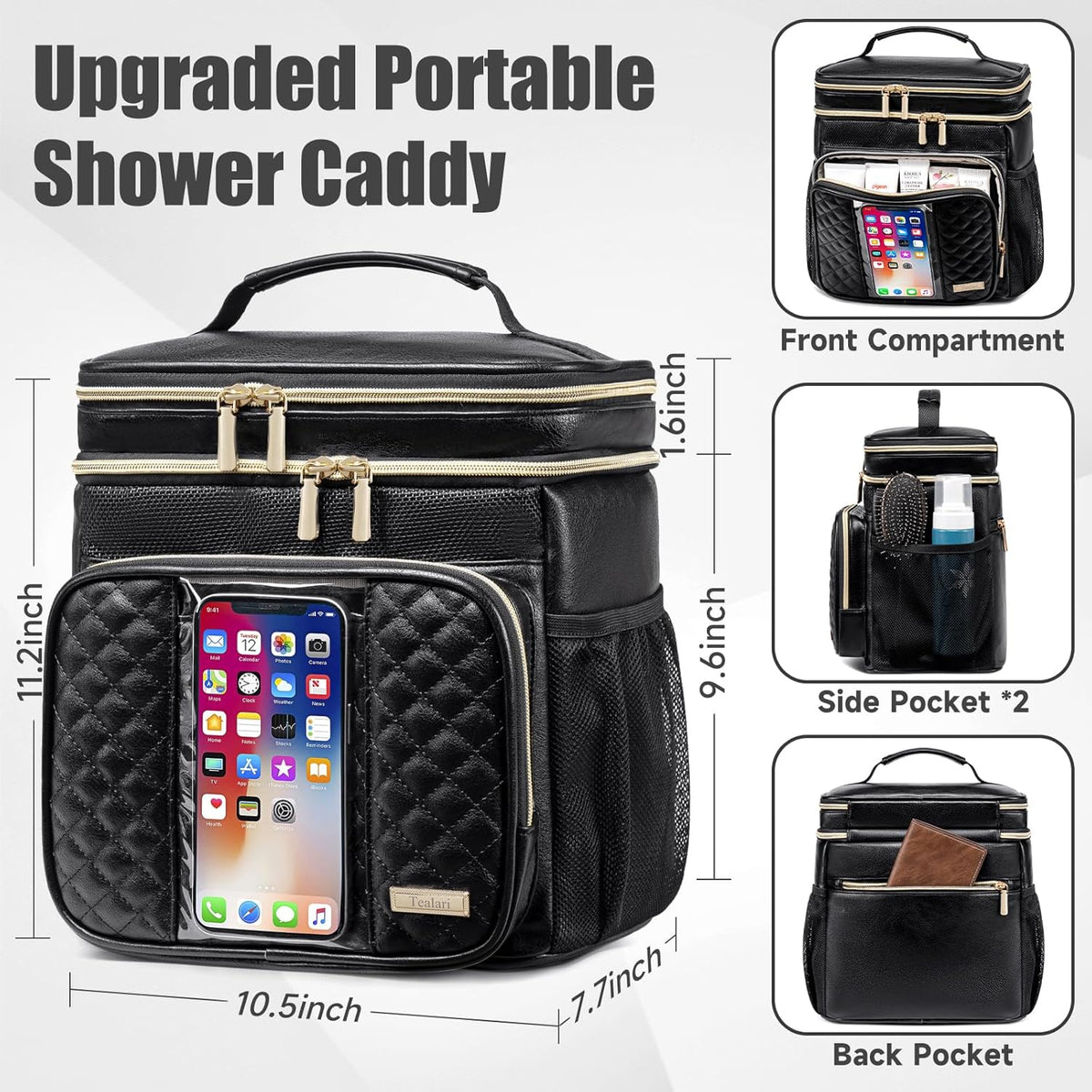 Large Leather Toiletry Bag for Women Men,Bathroom Bag,Water Resistant Shower Bag,Makeup Bag,Portable Shower Caddy for College Dorm,Hanging Travel Toiletry Bag with Transparent Waterproof Phone Pocket
