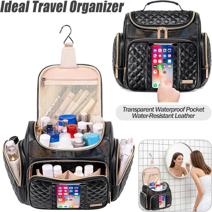 Large Leather Toiletry Bag for Women Men,Bathroom Bag,Water Resistant Shower Bag,Makeup Bag,Portable Shower Caddy for College Dorm,Hanging Travel Toiletry Bag with Transparent Waterproof Phone Pocket