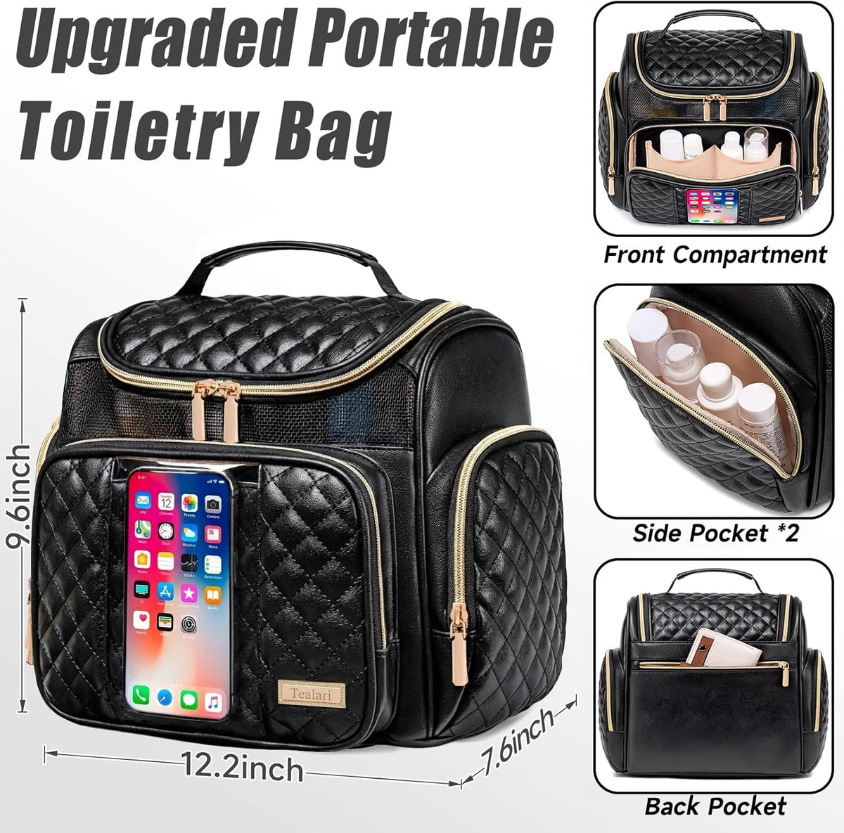 Large Leather Toiletry Bag for Women Men,Bathroom Bag,Water Resistant Shower Bag,Makeup Bag,Portable Shower Caddy for College Dorm,Hanging Travel Toiletry Bag with Transparent Waterproof Phone Pocket