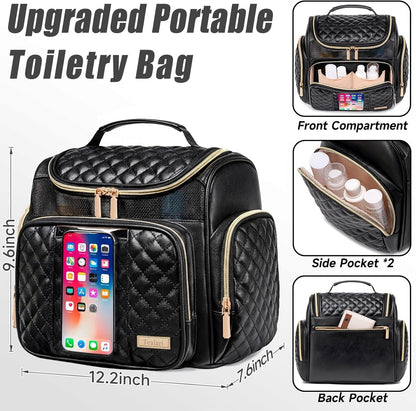 Large Leather Toiletry Bag for Women Men,Bathroom Bag,Water Resistant Shower Bag,Makeup Bag,Portable Shower Caddy for College Dorm,Hanging Travel Toiletry Bag with Transparent Waterproof Phone Pocket