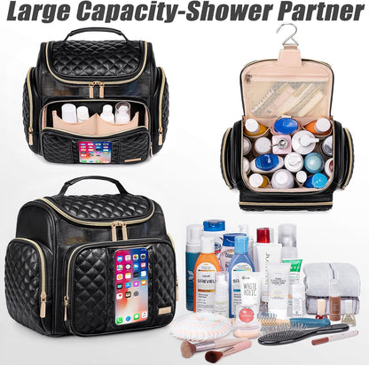 Large Leather Toiletry Bag for Women Men,Bathroom Bag,Water Resistant Shower Bag,Makeup Bag,Portable Shower Caddy for College Dorm,Hanging Travel Toiletry Bag with Transparent Waterproof Phone Pocket