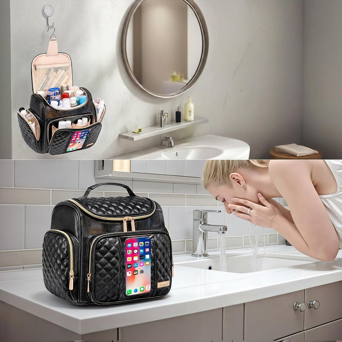Large Leather Toiletry Bag for Women Men,Bathroom Bag,Water Resistant Shower Bag,Makeup Bag,Portable Shower Caddy for College Dorm,Hanging Travel Toiletry Bag with Transparent Waterproof Phone Pocket