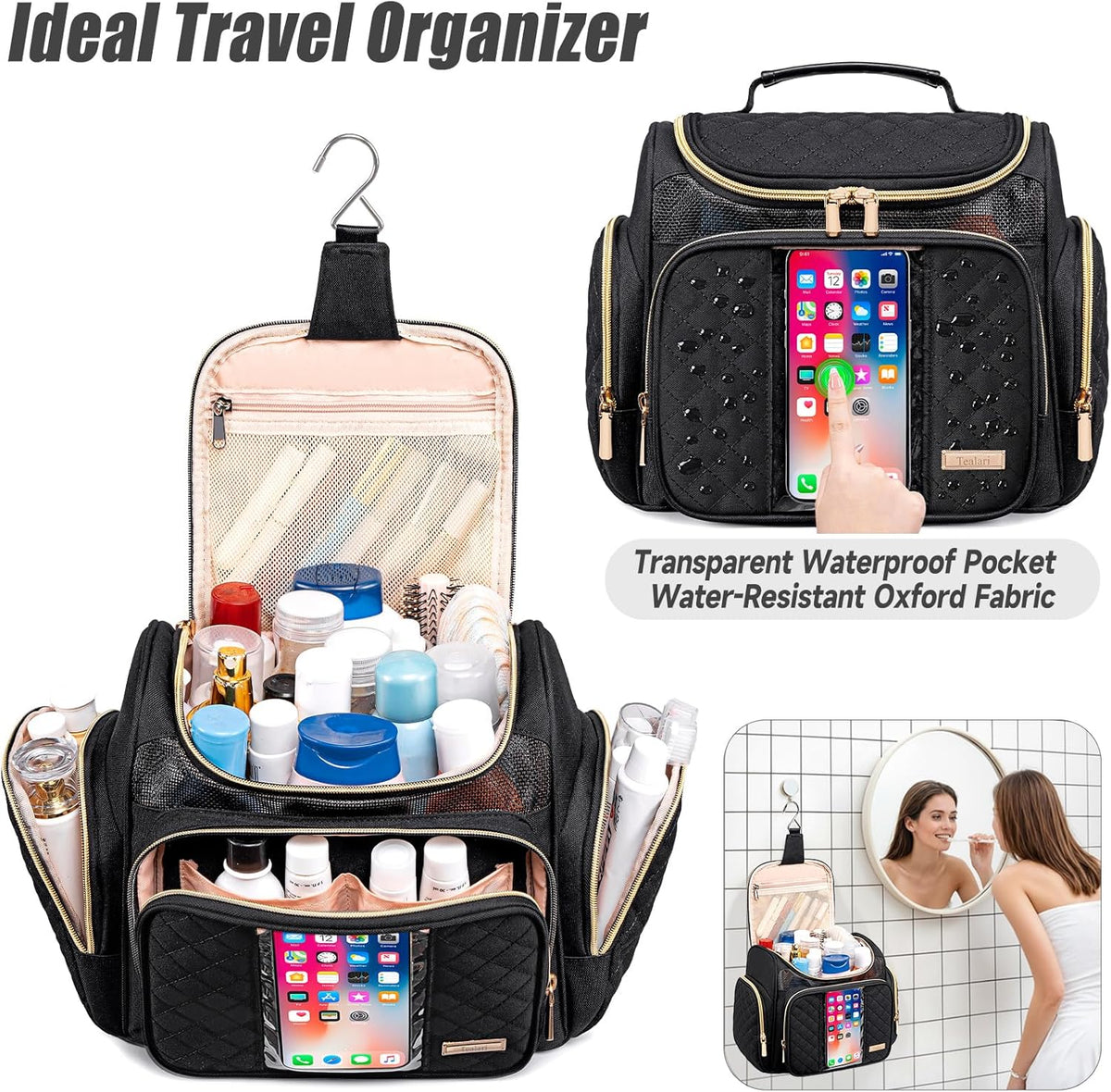 Large Leather Toiletry Bag for Women Men,Bathroom Bag,Water Resistant Shower Bag,Makeup Bag,Portable Shower Caddy for College Dorm,Hanging Travel Toiletry Bag with Transparent Waterproof Phone Pocket
