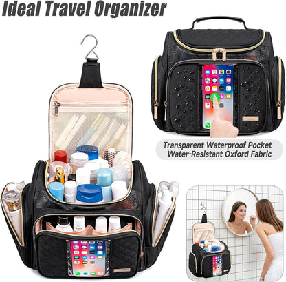 Large Leather Toiletry Bag for Women Men,Bathroom Bag,Water Resistant Shower Bag,Makeup Bag,Portable Shower Caddy for College Dorm,Hanging Travel Toiletry Bag with Transparent Waterproof Phone Pocket