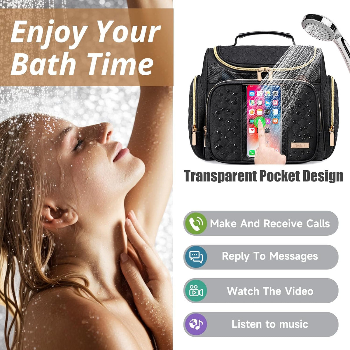 Large Leather Toiletry Bag for Women Men,Bathroom Bag,Water Resistant Shower Bag,Makeup Bag,Portable Shower Caddy for College Dorm,Hanging Travel Toiletry Bag with Transparent Waterproof Phone Pocket