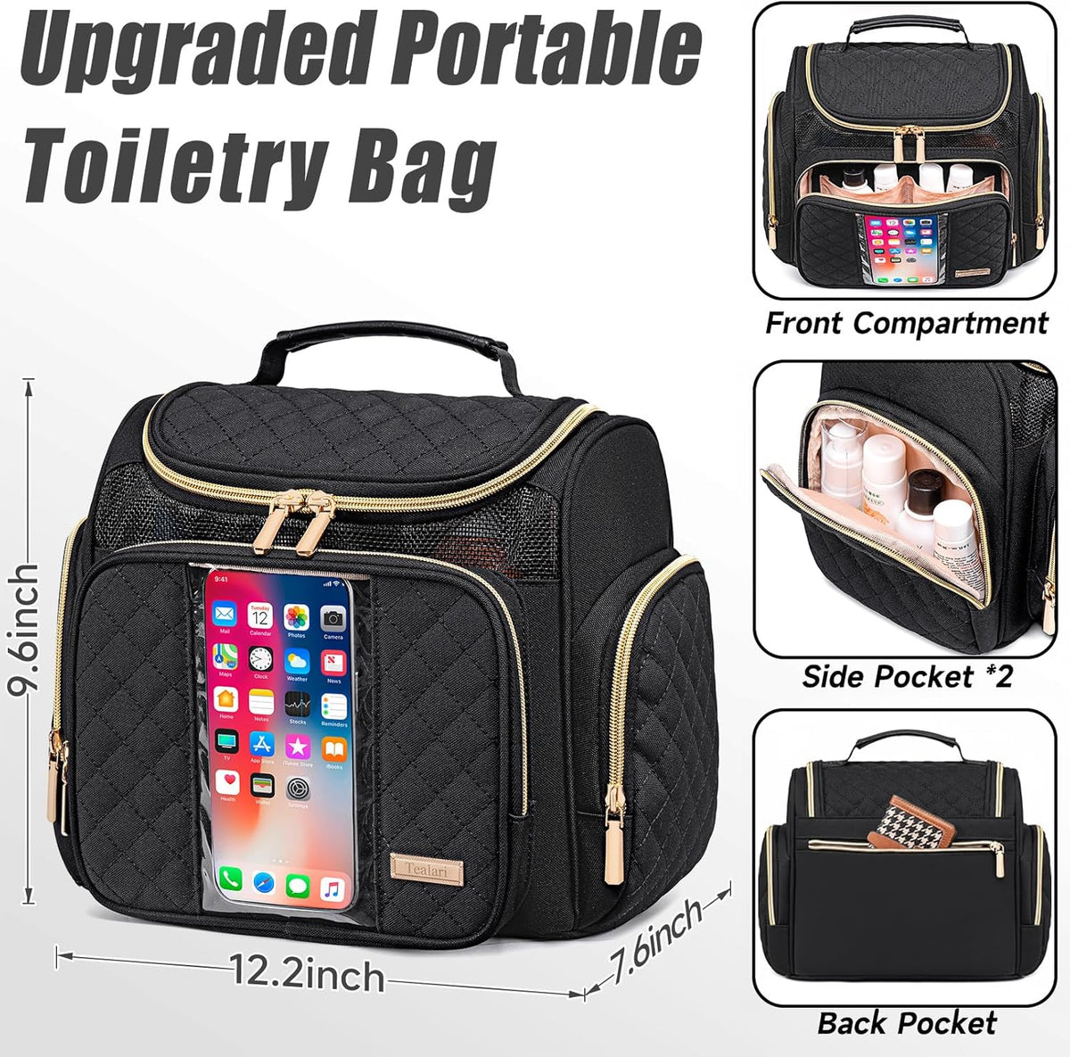 Large Leather Toiletry Bag for Women Men,Bathroom Bag,Water Resistant Shower Bag,Makeup Bag,Portable Shower Caddy for College Dorm,Hanging Travel Toiletry Bag with Transparent Waterproof Phone Pocket