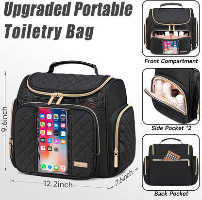 Large Leather Toiletry Bag for Women Men,Bathroom Bag,Water Resistant Shower Bag,Makeup Bag,Portable Shower Caddy for College Dorm,Hanging Travel Toiletry Bag with Transparent Waterproof Phone Pocket