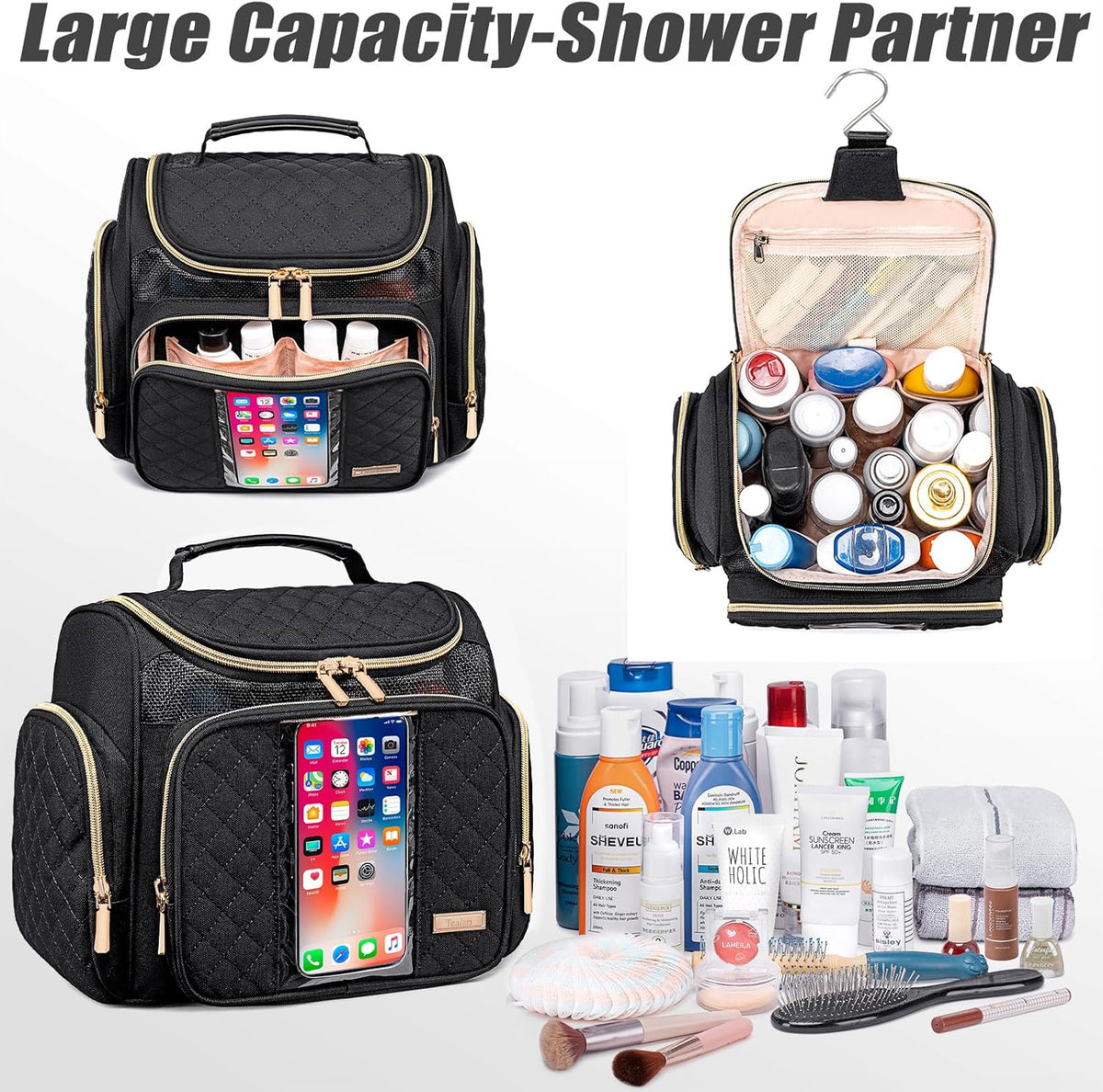 Large Leather Toiletry Bag for Women Men,Bathroom Bag,Water Resistant Shower Bag,Makeup Bag,Portable Shower Caddy for College Dorm,Hanging Travel Toiletry Bag with Transparent Waterproof Phone Pocket