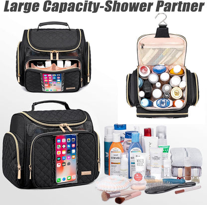 Large Leather Toiletry Bag for Women Men,Bathroom Bag,Water Resistant Shower Bag,Makeup Bag,Portable Shower Caddy for College Dorm,Hanging Travel Toiletry Bag with Transparent Waterproof Phone Pocket