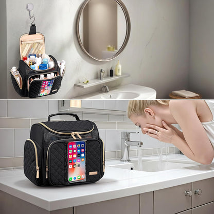 Large Leather Toiletry Bag for Women Men,Bathroom Bag,Water Resistant Shower Bag,Makeup Bag,Portable Shower Caddy for College Dorm,Hanging Travel Toiletry Bag with Transparent Waterproof Phone Pocket