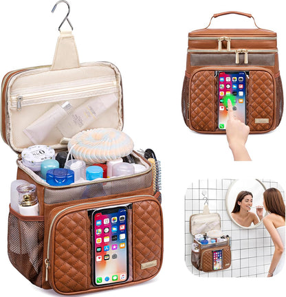 Large Leather Toiletry Bag for Women Men,Bathroom Bag,Water Resistant Shower Bag,Makeup Bag,Portable Shower Caddy for College Dorm,Hanging Travel Toiletry Bag with Transparent Waterproof Phone Pocket