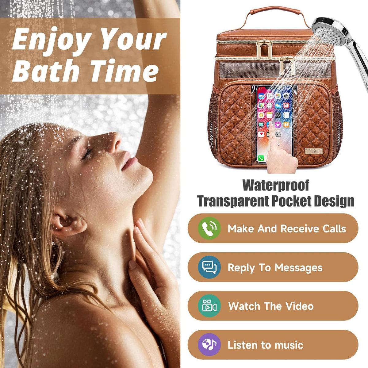 Large Leather Toiletry Bag for Women Men,Bathroom Bag,Water Resistant Shower Bag,Makeup Bag,Portable Shower Caddy for College Dorm,Hanging Travel Toiletry Bag with Transparent Waterproof Phone Pocket