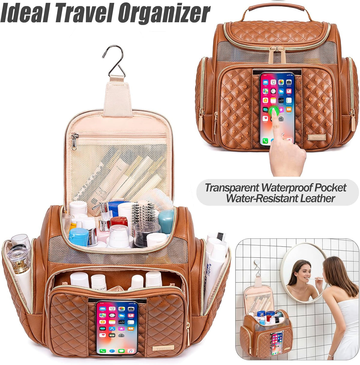 Large Leather Toiletry Bag for Women Men,Bathroom Bag,Water Resistant Shower Bag,Makeup Bag,Portable Shower Caddy for College Dorm,Hanging Travel Toiletry Bag with Transparent Waterproof Phone Pocket