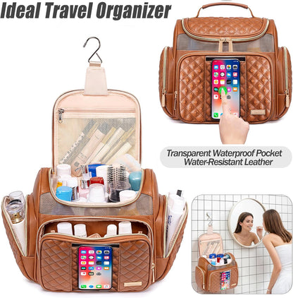 Large Leather Toiletry Bag for Women Men,Bathroom Bag,Water Resistant Shower Bag,Makeup Bag,Portable Shower Caddy for College Dorm,Hanging Travel Toiletry Bag with Transparent Waterproof Phone Pocket