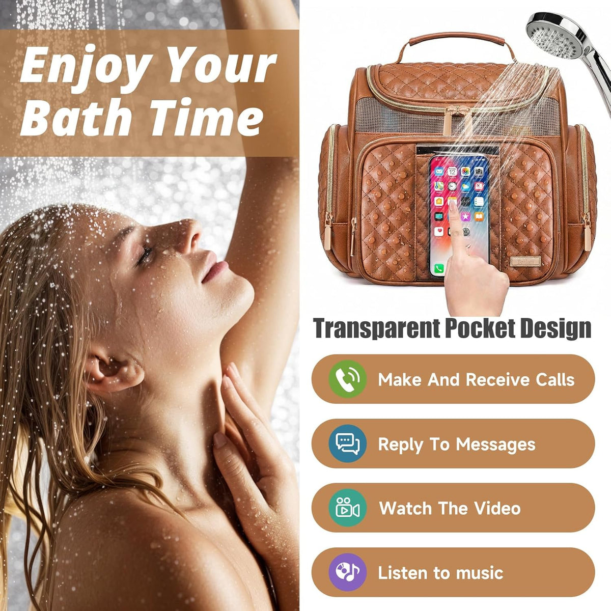 Large Leather Toiletry Bag for Women Men,Bathroom Bag,Water Resistant Shower Bag,Makeup Bag,Portable Shower Caddy for College Dorm,Hanging Travel Toiletry Bag with Transparent Waterproof Phone Pocket