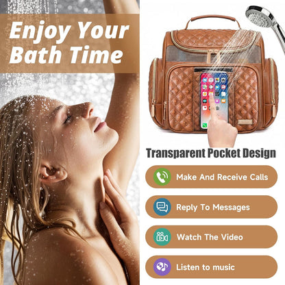 Large Leather Toiletry Bag for Women Men,Bathroom Bag,Water Resistant Shower Bag,Makeup Bag,Portable Shower Caddy for College Dorm,Hanging Travel Toiletry Bag with Transparent Waterproof Phone Pocket