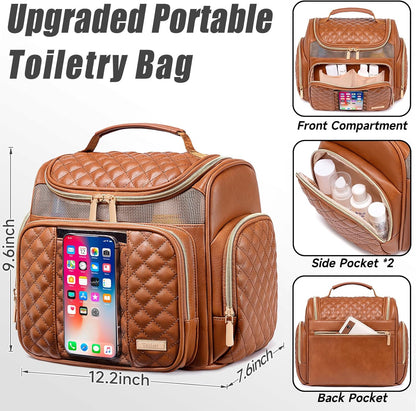 Large Leather Toiletry Bag for Women Men,Bathroom Bag,Water Resistant Shower Bag,Makeup Bag,Portable Shower Caddy for College Dorm,Hanging Travel Toiletry Bag with Transparent Waterproof Phone Pocket