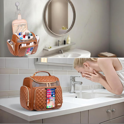 Large Leather Toiletry Bag for Women Men,Bathroom Bag,Water Resistant Shower Bag,Makeup Bag,Portable Shower Caddy for College Dorm,Hanging Travel Toiletry Bag with Transparent Waterproof Phone Pocket