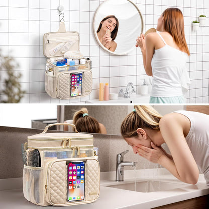 Large Leather Toiletry Bag for Women Men,Bathroom Bag,Water Resistant Shower Bag,Makeup Bag,Portable Shower Caddy for College Dorm,Hanging Travel Toiletry Bag with Transparent Waterproof Phone Pocket