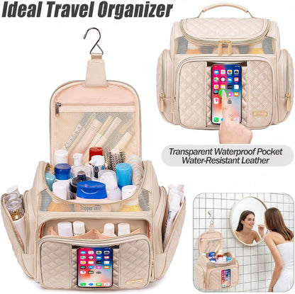 Large Leather Toiletry Bag for Women Men,Bathroom Bag,Water Resistant Shower Bag,Makeup Bag,Portable Shower Caddy for College Dorm,Hanging Travel Toiletry Bag with Transparent Waterproof Phone Pocket