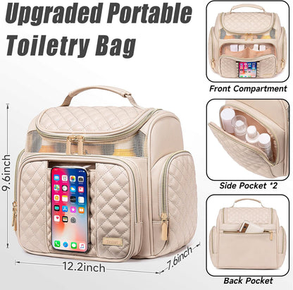 Large Leather Toiletry Bag for Women Men,Bathroom Bag,Water Resistant Shower Bag,Makeup Bag,Portable Shower Caddy for College Dorm,Hanging Travel Toiletry Bag with Transparent Waterproof Phone Pocket