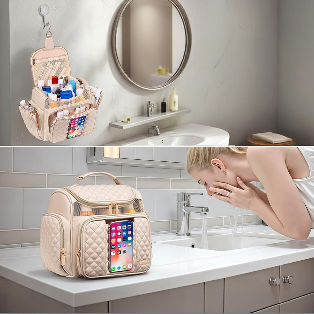 Large Leather Toiletry Bag for Women Men,Bathroom Bag,Water Resistant Shower Bag,Makeup Bag,Portable Shower Caddy for College Dorm,Hanging Travel Toiletry Bag with Transparent Waterproof Phone Pocket