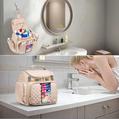 Large Leather Toiletry Bag for Women Men,Bathroom Bag,Water Resistant Shower Bag,Makeup Bag,Portable Shower Caddy for College Dorm,Hanging Travel Toiletry Bag with Transparent Waterproof Phone Pocket