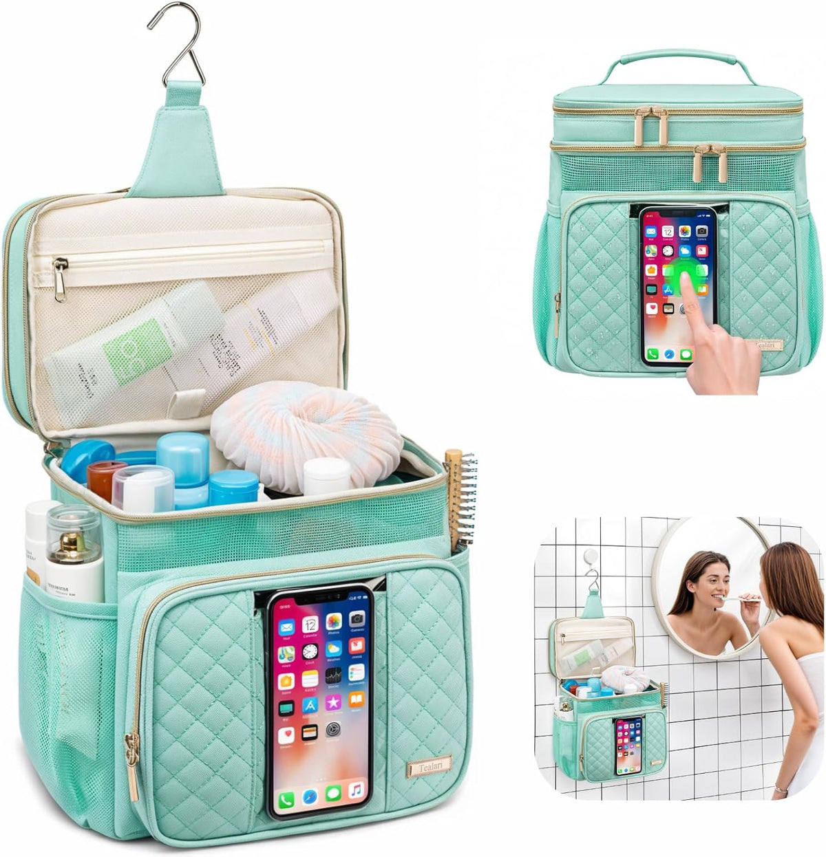 Large Leather Toiletry Bag for Women Men,Bathroom Bag,Water Resistant Shower Bag,Makeup Bag,Portable Shower Caddy for College Dorm,Hanging Travel Toiletry Bag with Transparent Waterproof Phone Pocket