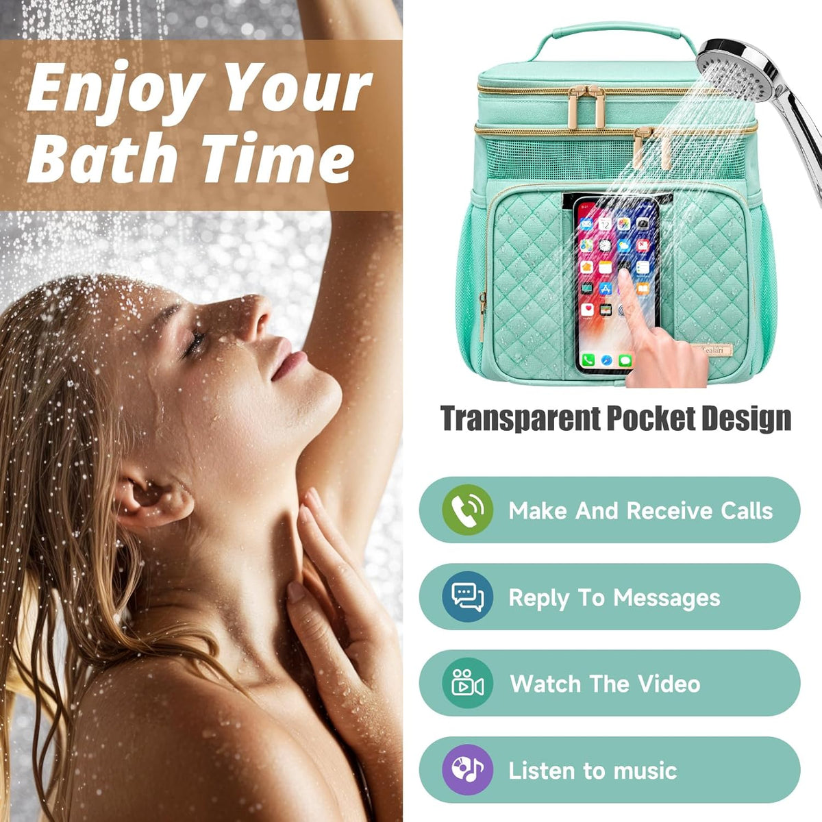 Large Leather Toiletry Bag for Women Men,Bathroom Bag,Water Resistant Shower Bag,Makeup Bag,Portable Shower Caddy for College Dorm,Hanging Travel Toiletry Bag with Transparent Waterproof Phone Pocket