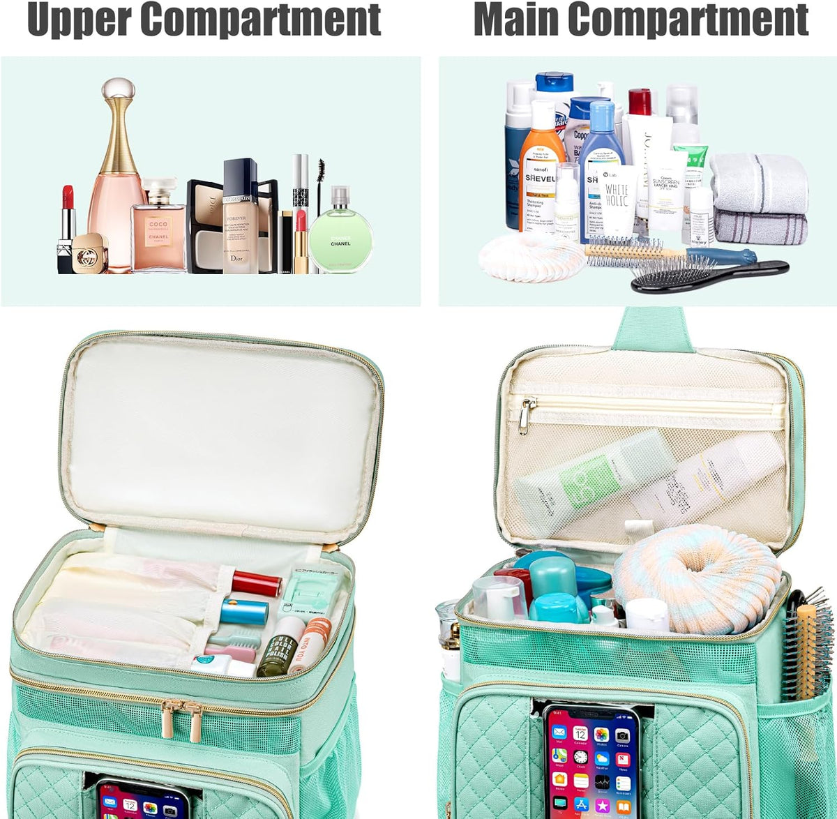Large Leather Toiletry Bag for Women Men,Bathroom Bag,Water Resistant Shower Bag,Makeup Bag,Portable Shower Caddy for College Dorm,Hanging Travel Toiletry Bag with Transparent Waterproof Phone Pocket