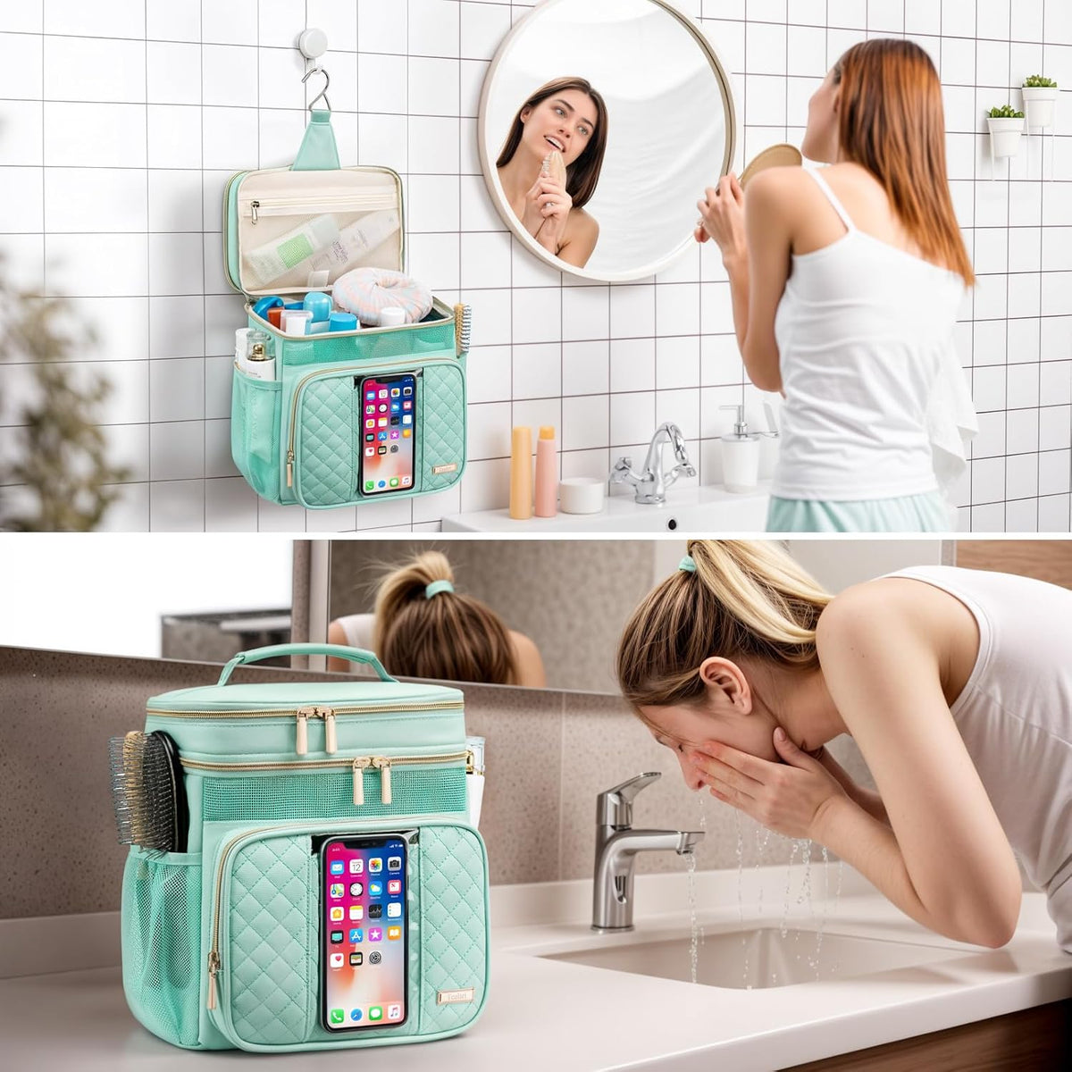 Large Leather Toiletry Bag for Women Men,Bathroom Bag,Water Resistant Shower Bag,Makeup Bag,Portable Shower Caddy for College Dorm,Hanging Travel Toiletry Bag with Transparent Waterproof Phone Pocket