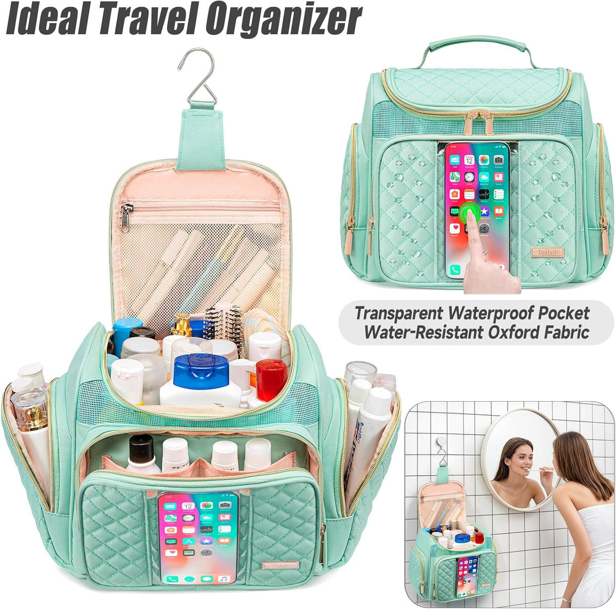 Large Leather Toiletry Bag for Women Men,Bathroom Bag,Water Resistant Shower Bag,Makeup Bag,Portable Shower Caddy for College Dorm,Hanging Travel Toiletry Bag with Transparent Waterproof Phone Pocket