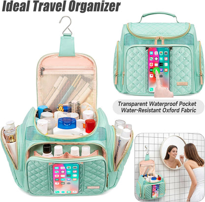 Large Leather Toiletry Bag for Women Men,Bathroom Bag,Water Resistant Shower Bag,Makeup Bag,Portable Shower Caddy for College Dorm,Hanging Travel Toiletry Bag with Transparent Waterproof Phone Pocket