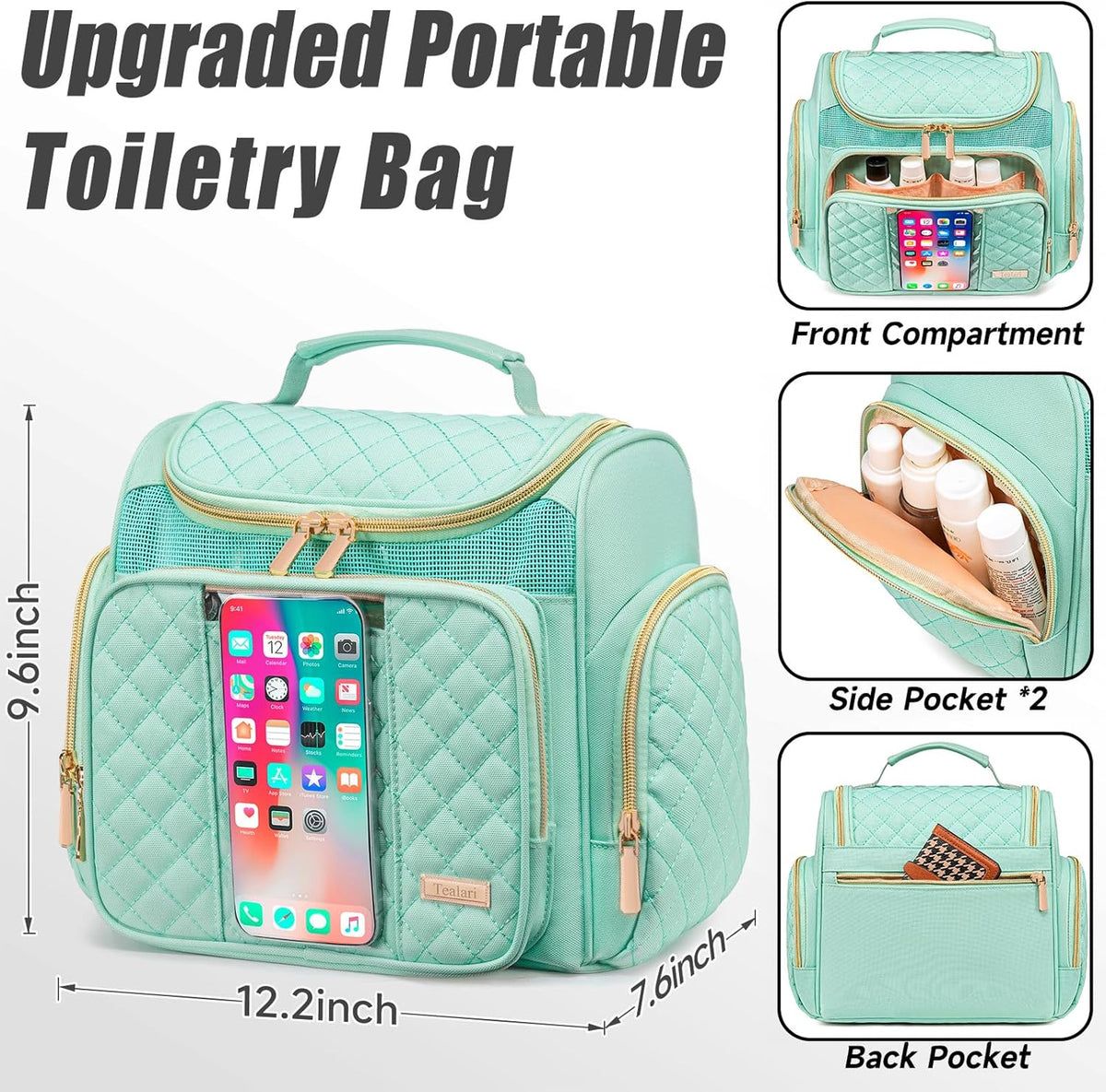 Large Leather Toiletry Bag for Women Men,Bathroom Bag,Water Resistant Shower Bag,Makeup Bag,Portable Shower Caddy for College Dorm,Hanging Travel Toiletry Bag with Transparent Waterproof Phone Pocket