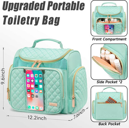Large Leather Toiletry Bag for Women Men,Bathroom Bag,Water Resistant Shower Bag,Makeup Bag,Portable Shower Caddy for College Dorm,Hanging Travel Toiletry Bag with Transparent Waterproof Phone Pocket