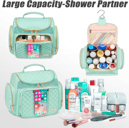 Large Leather Toiletry Bag for Women Men,Bathroom Bag,Water Resistant Shower Bag,Makeup Bag,Portable Shower Caddy for College Dorm,Hanging Travel Toiletry Bag with Transparent Waterproof Phone Pocket