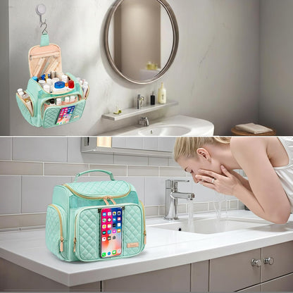 Large Leather Toiletry Bag for Women Men,Bathroom Bag,Water Resistant Shower Bag,Makeup Bag,Portable Shower Caddy for College Dorm,Hanging Travel Toiletry Bag with Transparent Waterproof Phone Pocket