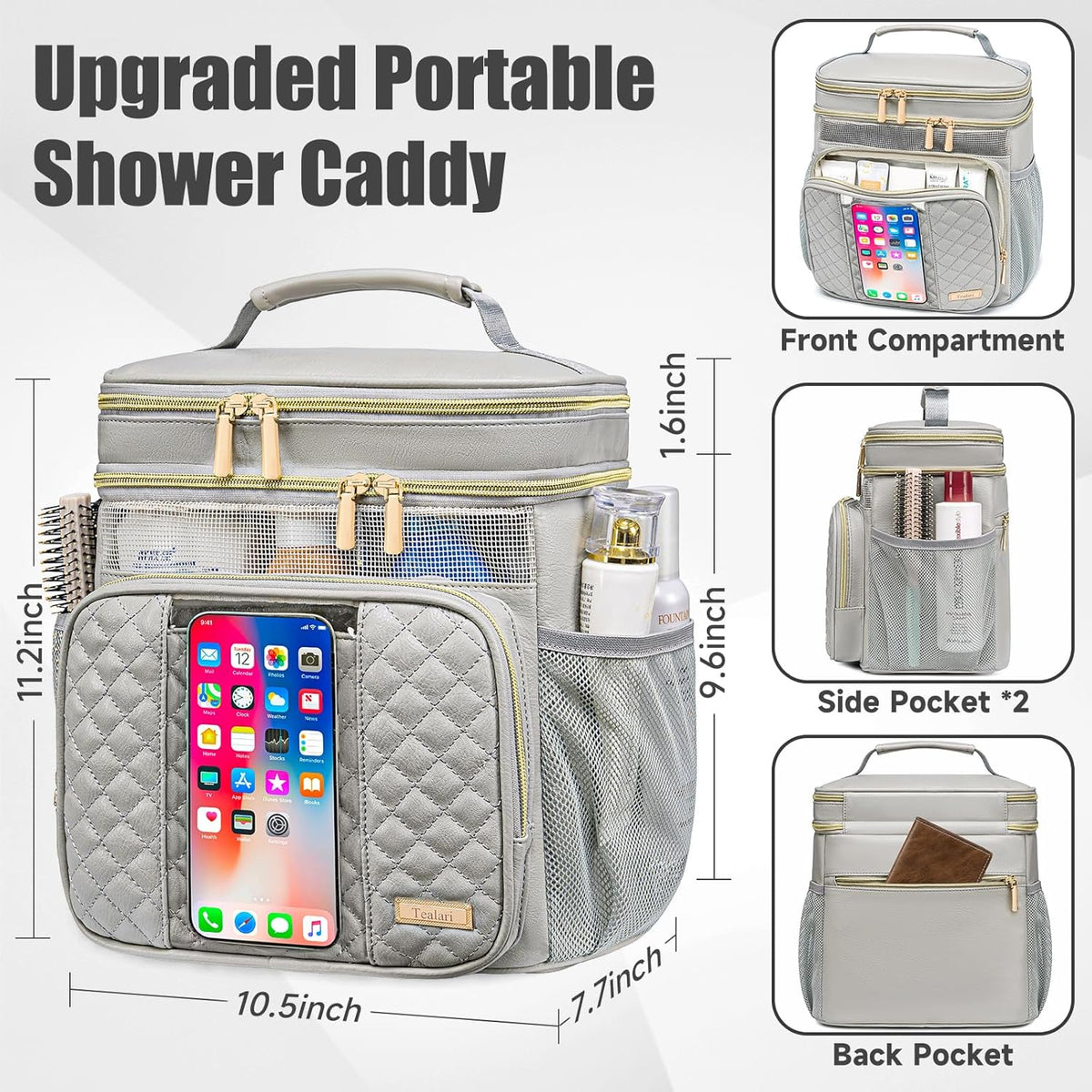 Large Leather Toiletry Bag for Women Men,Bathroom Bag,Water Resistant Shower Bag,Makeup Bag,Portable Shower Caddy for College Dorm,Hanging Travel Toiletry Bag with Transparent Waterproof Phone Pocket