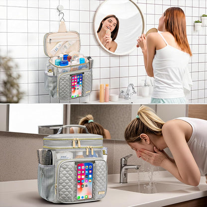 Large Leather Toiletry Bag for Women Men,Bathroom Bag,Water Resistant Shower Bag,Makeup Bag,Portable Shower Caddy for College Dorm,Hanging Travel Toiletry Bag with Transparent Waterproof Phone Pocket