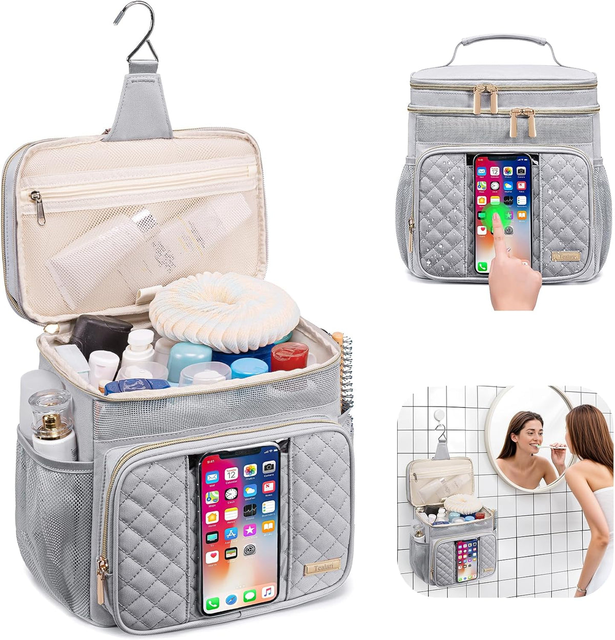 Large Leather Toiletry Bag for Women Men,Bathroom Bag,Water Resistant Shower Bag,Makeup Bag,Portable Shower Caddy for College Dorm,Hanging Travel Toiletry Bag with Transparent Waterproof Phone Pocket