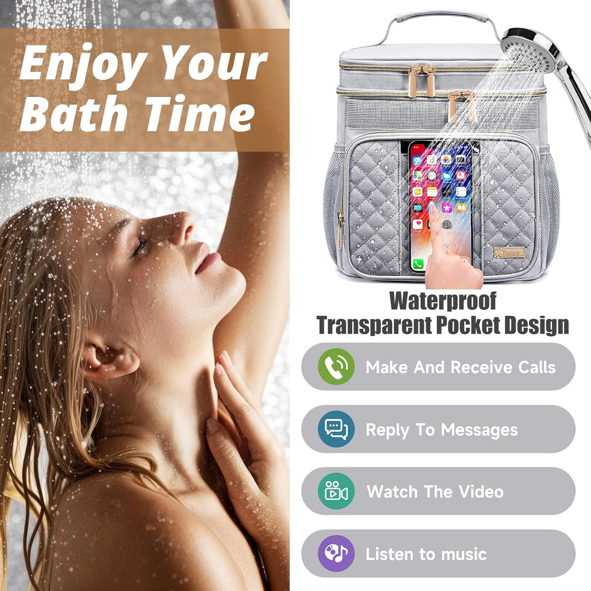 Large Leather Toiletry Bag for Women Men,Bathroom Bag,Water Resistant Shower Bag,Makeup Bag,Portable Shower Caddy for College Dorm,Hanging Travel Toiletry Bag with Transparent Waterproof Phone Pocket