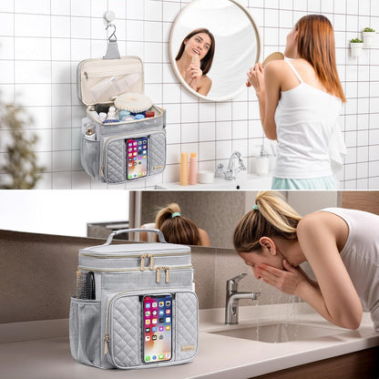 Large Leather Toiletry Bag for Women Men,Bathroom Bag,Water Resistant Shower Bag,Makeup Bag,Portable Shower Caddy for College Dorm,Hanging Travel Toiletry Bag with Transparent Waterproof Phone Pocket