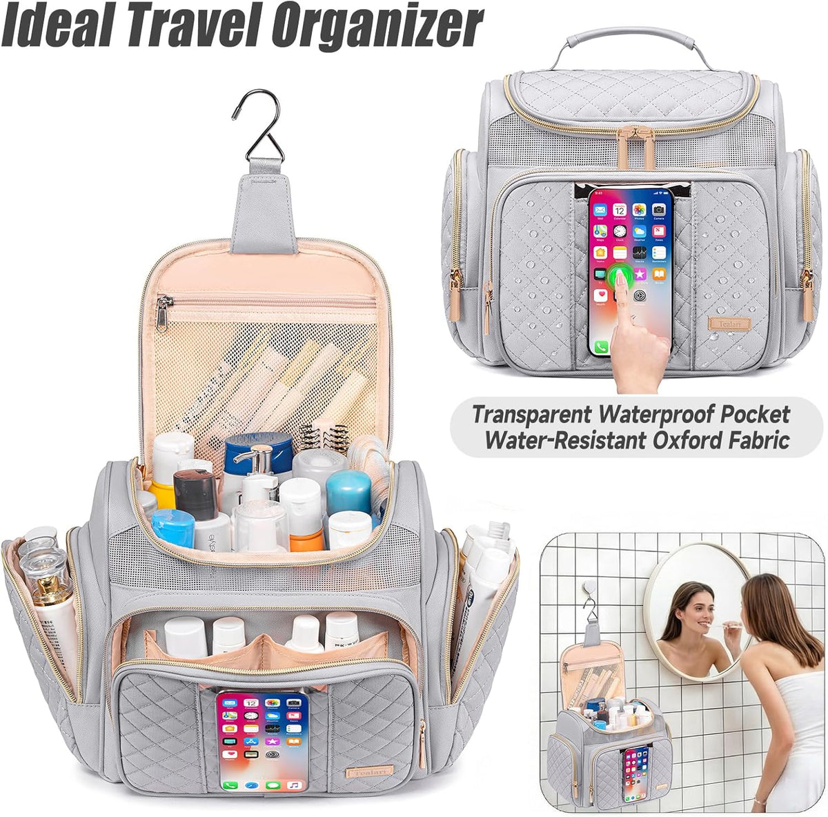 Large Leather Toiletry Bag for Women Men,Bathroom Bag,Water Resistant Shower Bag,Makeup Bag,Portable Shower Caddy for College Dorm,Hanging Travel Toiletry Bag with Transparent Waterproof Phone Pocket