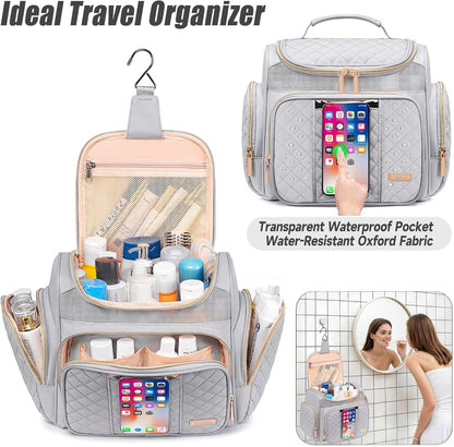 Large Leather Toiletry Bag for Women Men,Bathroom Bag,Water Resistant Shower Bag,Makeup Bag,Portable Shower Caddy for College Dorm,Hanging Travel Toiletry Bag with Transparent Waterproof Phone Pocket