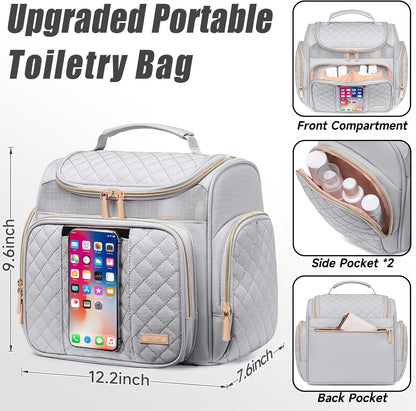 Large Leather Toiletry Bag for Women Men,Bathroom Bag,Water Resistant Shower Bag,Makeup Bag,Portable Shower Caddy for College Dorm,Hanging Travel Toiletry Bag with Transparent Waterproof Phone Pocket