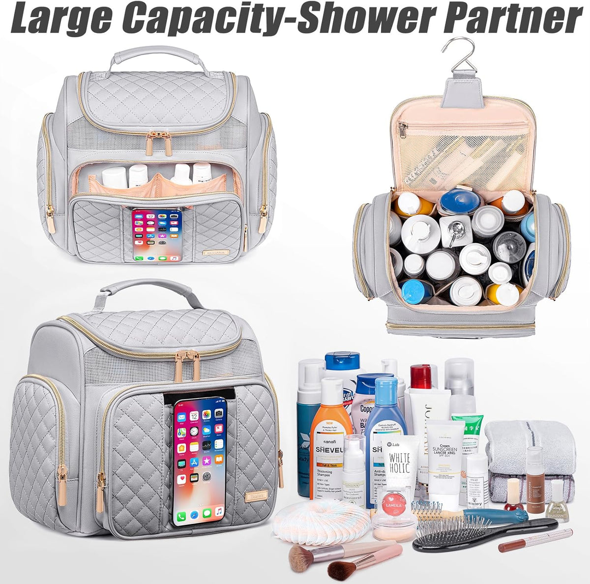 Large Leather Toiletry Bag for Women Men,Bathroom Bag,Water Resistant Shower Bag,Makeup Bag,Portable Shower Caddy for College Dorm,Hanging Travel Toiletry Bag with Transparent Waterproof Phone Pocket