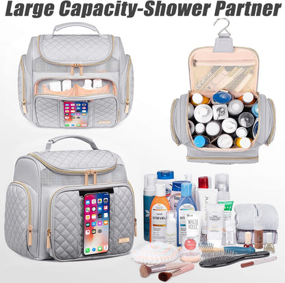 Large Leather Toiletry Bag for Women Men,Bathroom Bag,Water Resistant Shower Bag,Makeup Bag,Portable Shower Caddy for College Dorm,Hanging Travel Toiletry Bag with Transparent Waterproof Phone Pocket