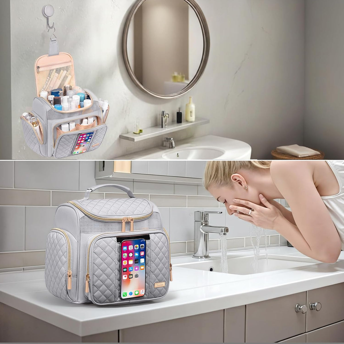 Large Leather Toiletry Bag for Women Men,Bathroom Bag,Water Resistant Shower Bag,Makeup Bag,Portable Shower Caddy for College Dorm,Hanging Travel Toiletry Bag with Transparent Waterproof Phone Pocket