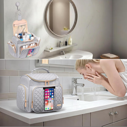 Large Leather Toiletry Bag for Women Men,Bathroom Bag,Water Resistant Shower Bag,Makeup Bag,Portable Shower Caddy for College Dorm,Hanging Travel Toiletry Bag with Transparent Waterproof Phone Pocket
