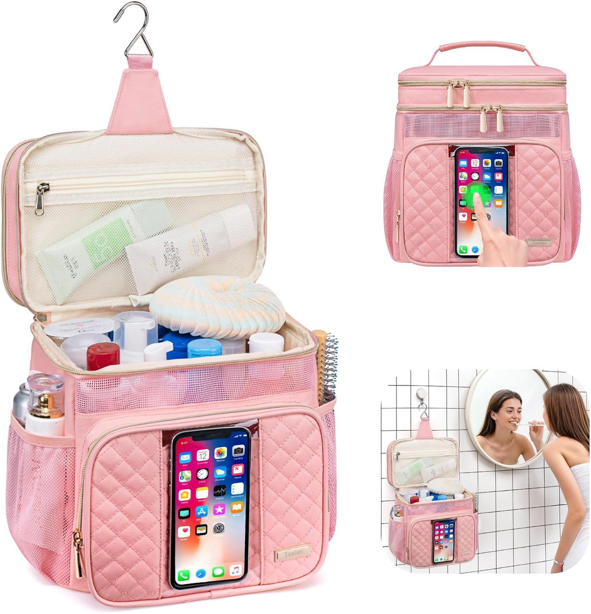 Large Leather Toiletry Bag for Women Men,Bathroom Bag,Water Resistant Shower Bag,Makeup Bag,Portable Shower Caddy for College Dorm,Hanging Travel Toiletry Bag with Transparent Waterproof Phone Pocket